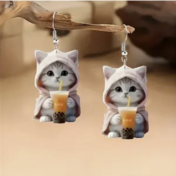 Cat Boba Tea Acrylic Dangle Earrings Kawaii Kitty Hoodie Bubble Tea - Picture 5 of 5